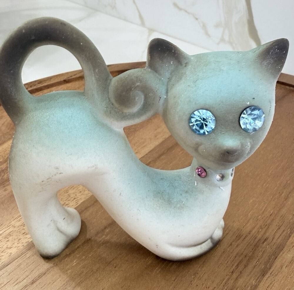 Vintage Roselane Pottery Siamese Cat Blue Jewel Eyes Mid Century Modern 1950s